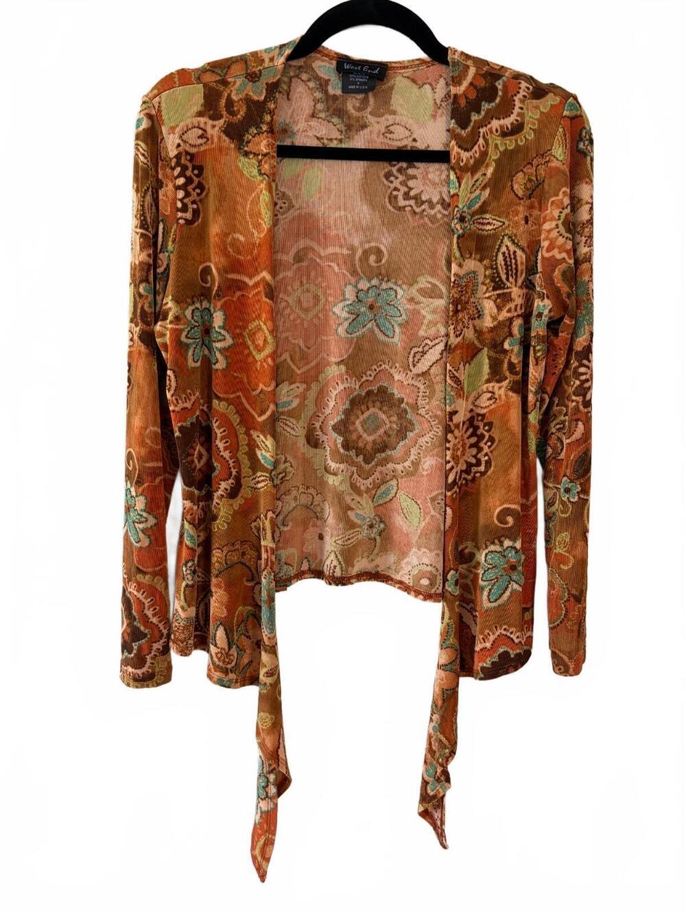 Y2K West End Cardigan Top Women's Small Sheer Floral Tie-Front Brown Orange